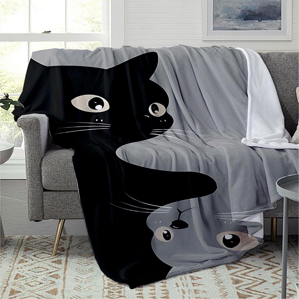 Design of Black and Grey Cats Flannel Printed Blanket Suitable for All Seasons Suitable for Living Room Office Sofa and Travel