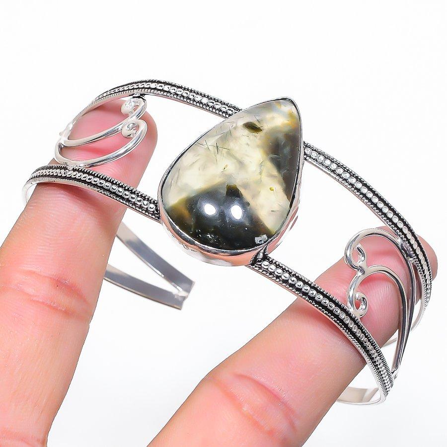 

Натуральный пренит драгоценный камень 925 стерлинговое серебро манжета браслет регулируемый d7f89