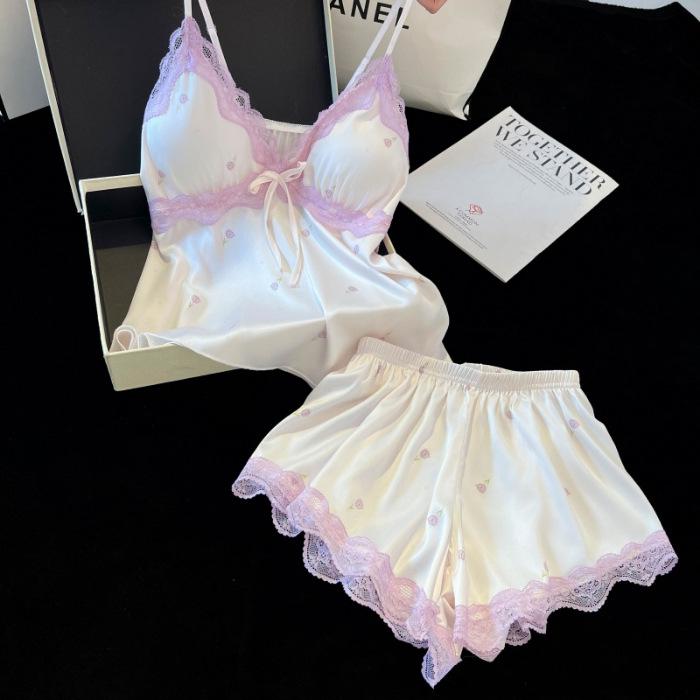 

Шелковый атласный пижамный комплект с кружевной отделкой: Майка и шорты L