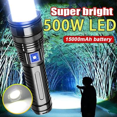 Ultra Bright Flashlight Powerful 500W LED Torch COB Lights Zoomable Lamp Built-in Battery Lantern Rechargeable Flash Light