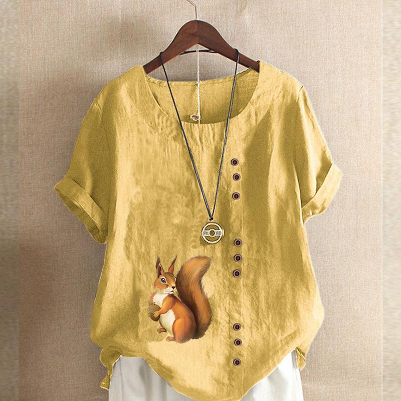 

Женская модная футболка с круглым вырезом и коротким рукавом, повседневная рубашка из хлопка и льна с рисунком, свободная летняя блузка с принтом белки, топы 4XL жёлтый