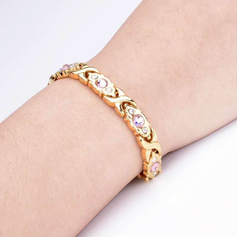 Bracelet Magnétique Santé Rose Doré Punk 8mm Zircon Rose Bijou pour Femme Hiphop Acier Inoxydable Chaîne Biker Moto Bracelet