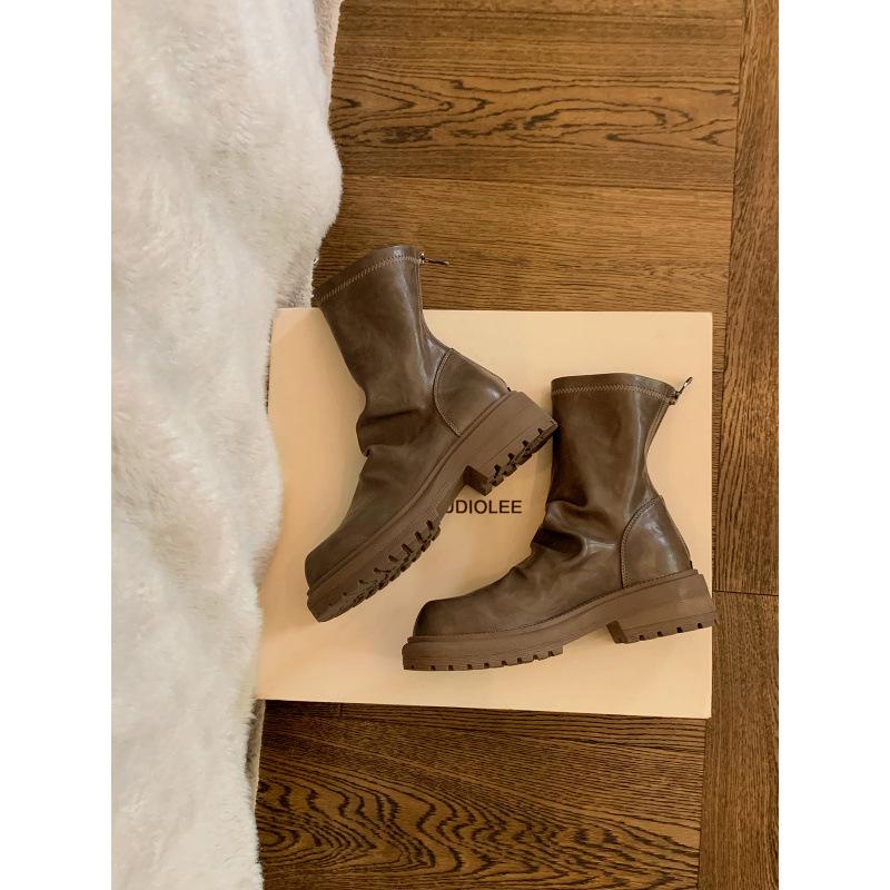 Sheepskin trendy thick heel thick sole thin boots round head pleated rear zipper stack short boots Martin boots women's autumn