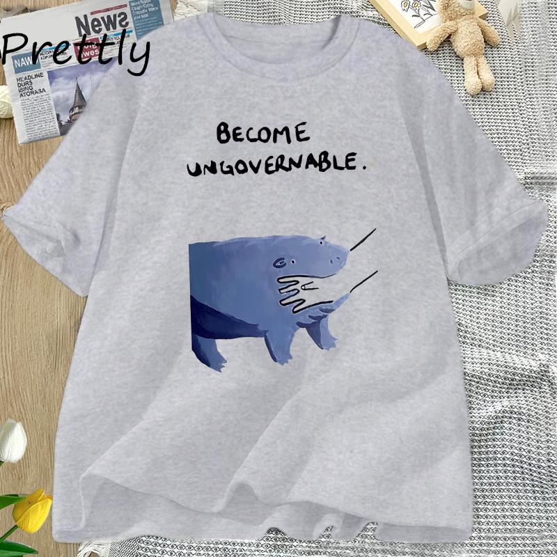 Werde Unregierbarer Nilpferd T-Shirt Moo Deng Design Lustiges Tier Grafik-T-Shirt Rebellischer Meme Humor T-Shirt Baumwolle Kurzarm Oberteil