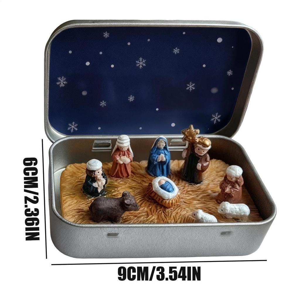 Nativity Set Mini Figurines Tin Box Nativity Set Indoor Christmas Decorations for Christian Mantel Fireplace Living Room Office