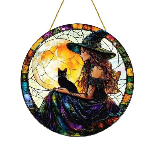 

Ведьма Подвесное Украшение Витражный Акрил 2D Ловец Солнца Ведьма на Луне Орнамент 15cm