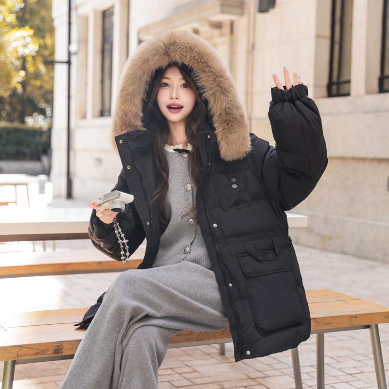 Women's Winter Plus Size Mid-Length Fox Fur Hooded Down Jacket with Large Collar