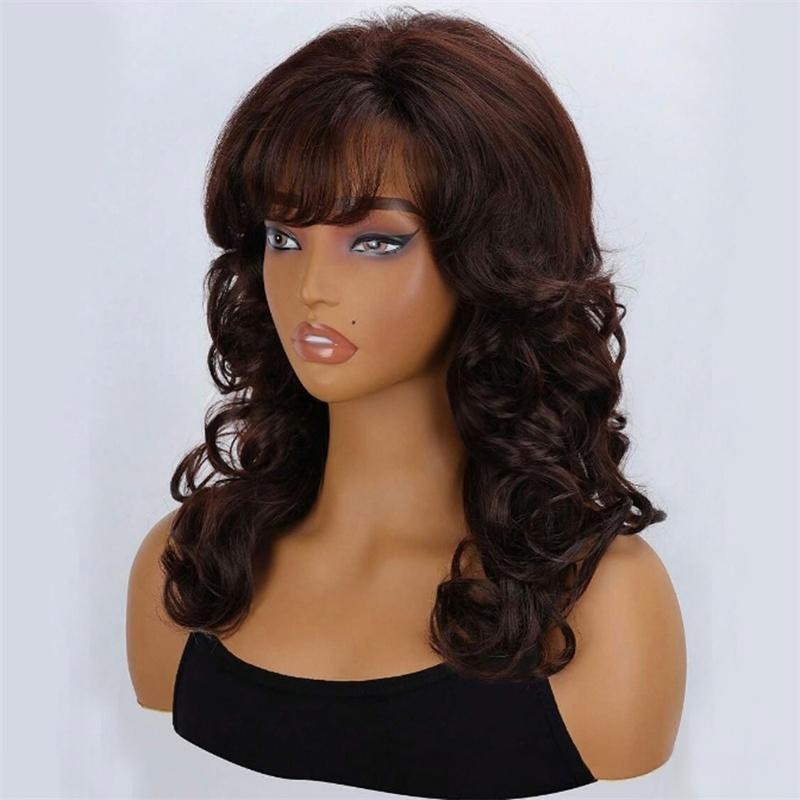 Peruci lungi ondulate din păr sintetic pentru femei, perucă cu ondulație naturală și breton lateral, peruci maro închis, perucă Drag Queen, cosplay, joc de rol, de zi cu zi