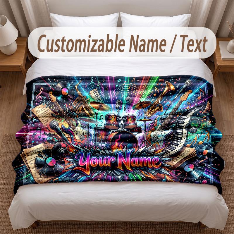 Music General Theme Soft Blanket Personalized Custom Name Text Print Warm Blanket Home Sofa Bedroom Decor