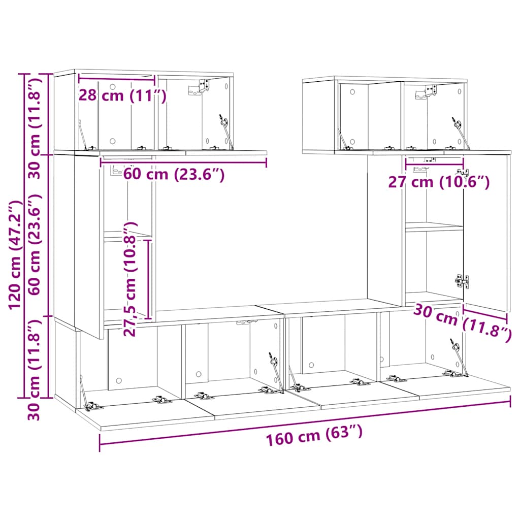 6 Piece Wall Mounted TV Cabinet Set White Particleboard