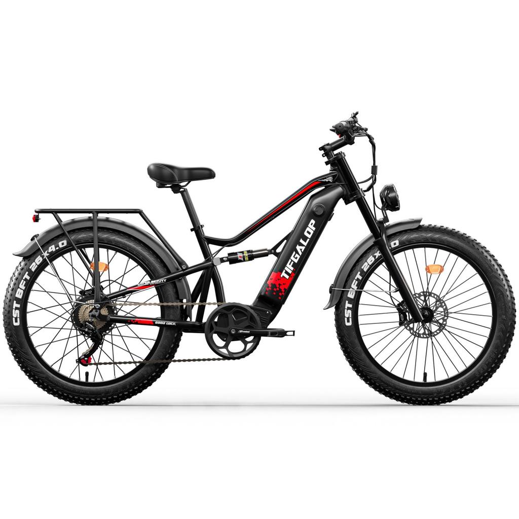TIFGALOP Adult Electric Bike, 26-inch Mountain Bike, 750W Motor, 52V 19Ah Battery, 40-90km Range, Dual Suspension, Black
