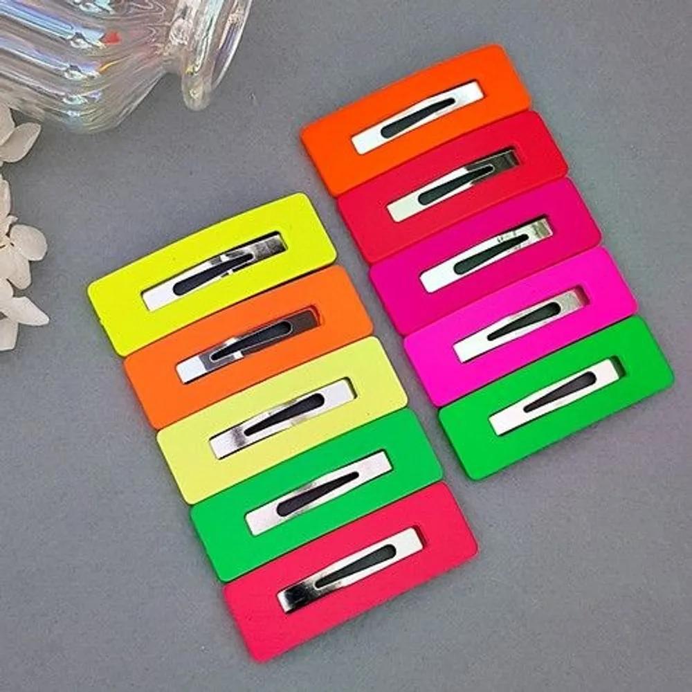 10 Fluorescent Square Matte Color Snap Clips, Bangs Fixing Pins, Point Girl Group Hair Clips, High Teen Y2K Look