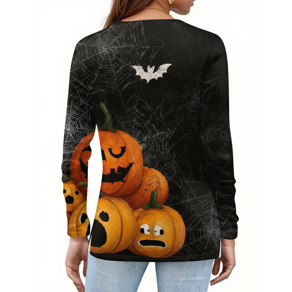 Women's Casual Long Sleeve T-Shirt with Halloween Print V-Neck Button for Parties