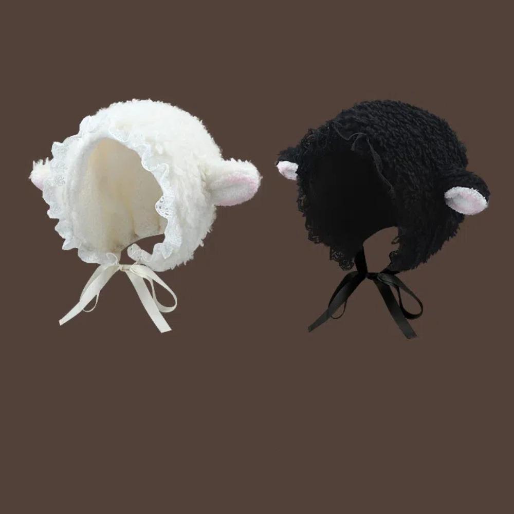 Straps Sheep Ear Plush Hat Japanese Style Lolita Lace Hat Brimless Beanie Cap Lamb Wool Caps  Girls