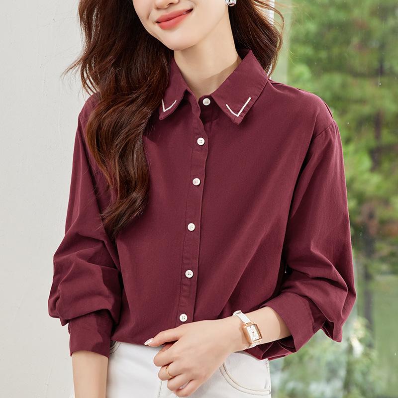 

Воротник Ручная вышивка Универсальная рубашка Женская осенняя одежда Премиальная однотонная Свободная рубашка с длинным рукавом Куртка Женская M