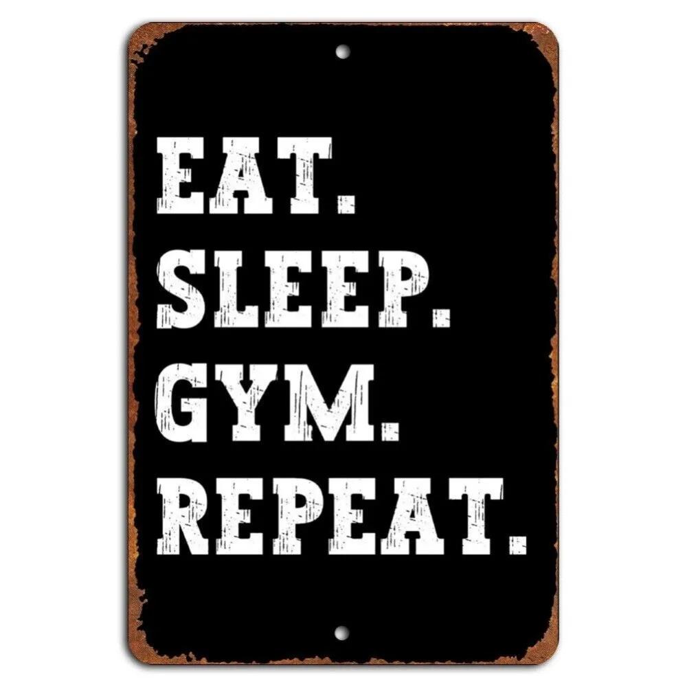 Fit Routine Pro Eat Sleep Gym Repeat Vintage Sports Sign - Motivational Decor for Home Gyms & Fitness Studios