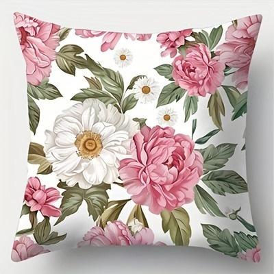 Watercolorstyle Pink Flower Pattern Doublesided Printed Pillow Cover Short Plush Suitable Living Rooms Throw Cushion Cover