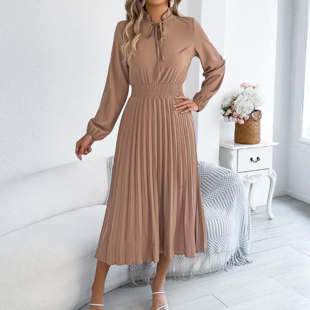 Women's Fashionable Casual Loose-Fit Tie-Waist Bell-Sleeve Pleated Dress