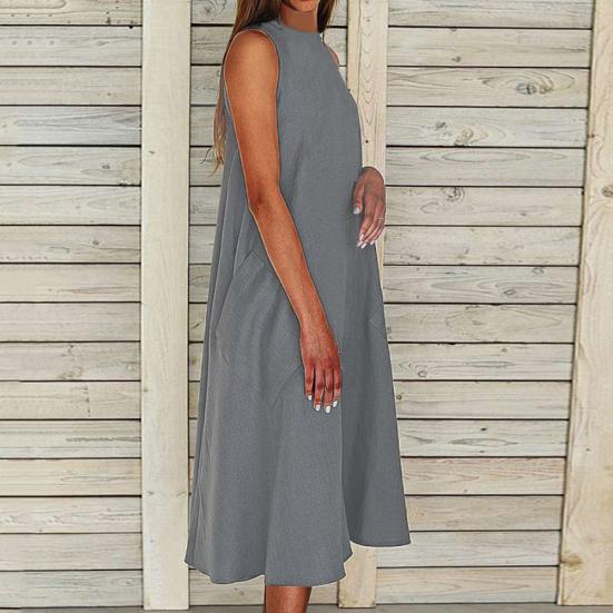 Vintage Damen Einfarbig O-Ausschnitt Ärmellos Taschen Großer Saum Langes Lockeres Kleid