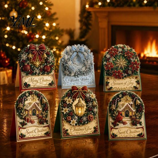 Weihnachtskarten-Bastelset DIY-Set, 3D Pop-Up Kunstperlen-Kunst Schneemann Feiertagsgrußkarten Weihnachtsmann Elch Kranz Karte, Handgemachtes Weihnachten für Familie und Freunde
