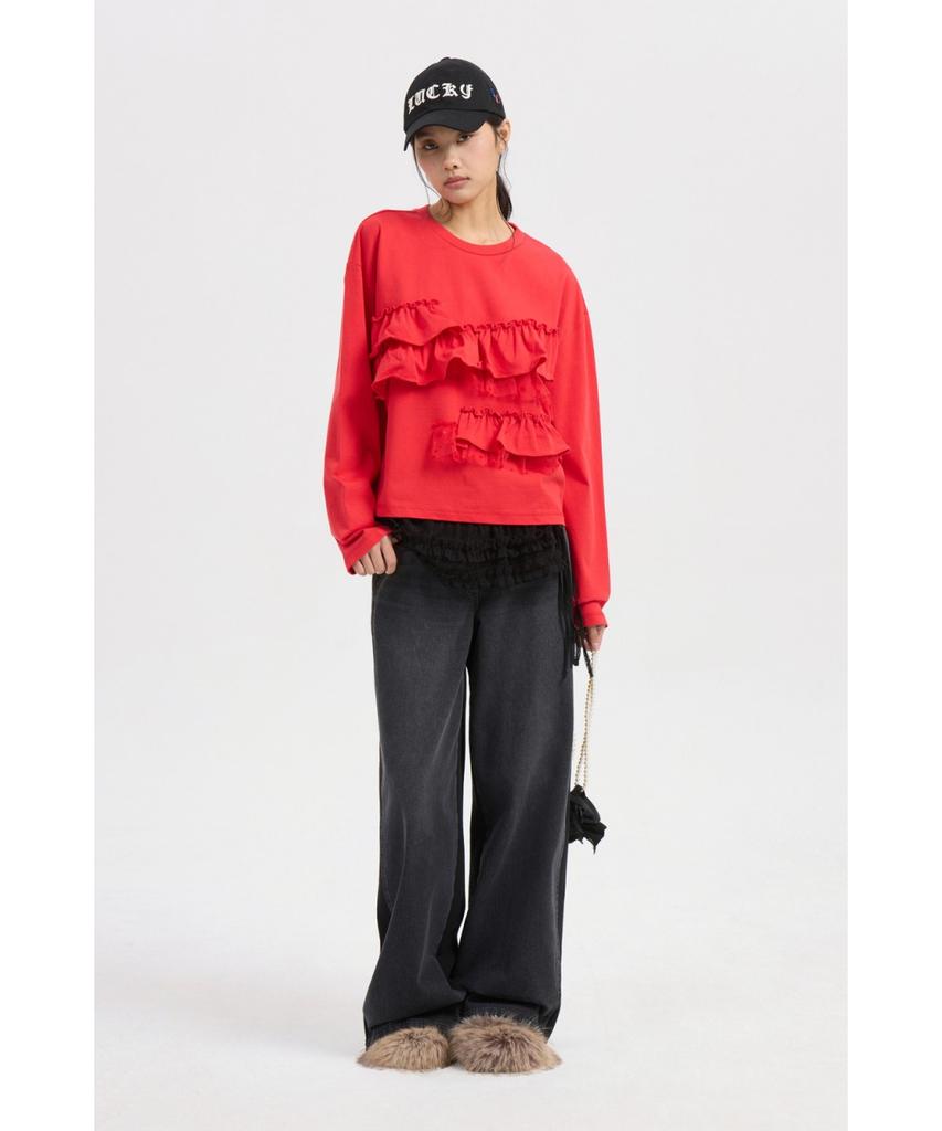 LUCKY CHOUETTE Frill Point Standard Fit Long Sleeve T-Shirt (Red) Lftaw25420Rex