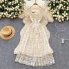 Summer Women Short Sleeve Square Collar Embroidery Lace Long Midi Party Dresses