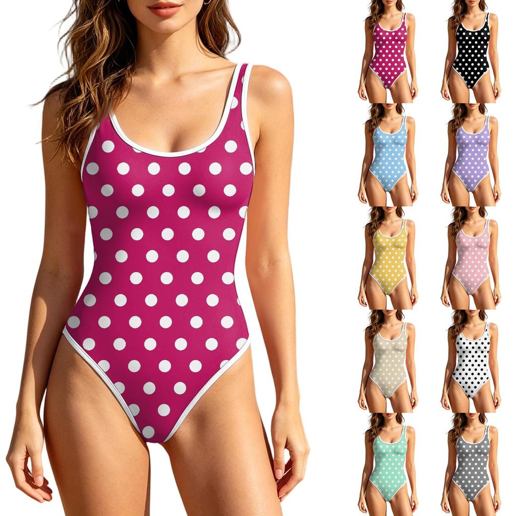 Women Swimsuit Vintage Polka Dot Swimwear U Neck Full Coverage Bathing Suit Tummy Control