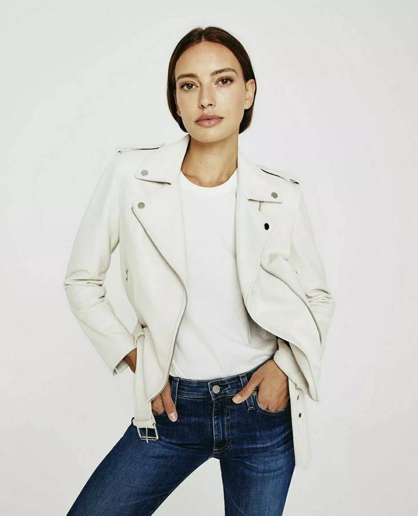 Slim Fit Biker Jacket Women Lambskin Soft Real Leather Jacket Motorcycle White