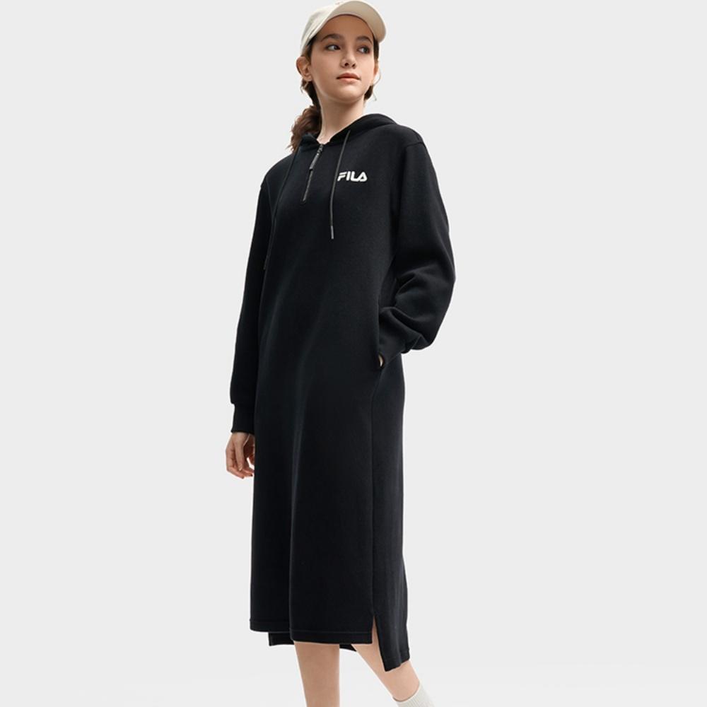 FILA Original Dark Minimalist Trendy Style Long Hooded Loose Dress Women dresses F51W539303FBK