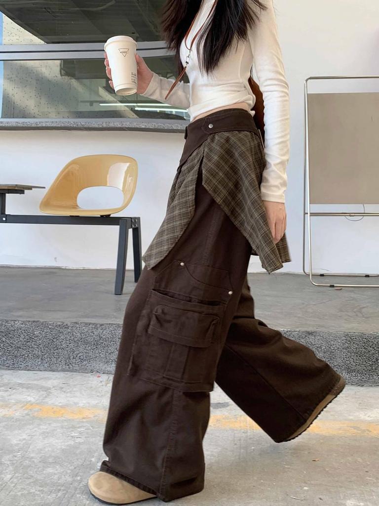 Jean en Denim Vintage à Carreaux Taille Haute Jambe Large pour Femmes