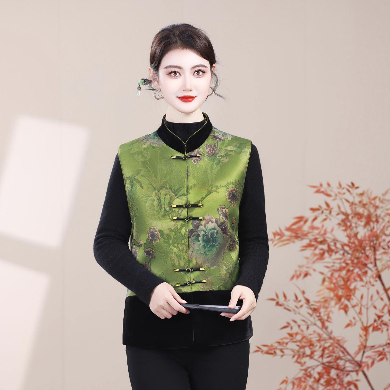 Elegant Velvet Patchwork Vest for Women - Printed Chinese Style, Age-Reducing Autumn Cardigan 5XL