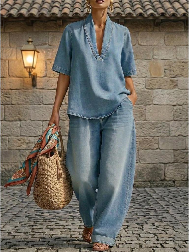 2026 Europäisches & Amerikanisches Sommer Damen Minimalistisches Denim Zweiteiler-Set - Locker, Lässig, Einfarbige Farbe, Bequemer Stil