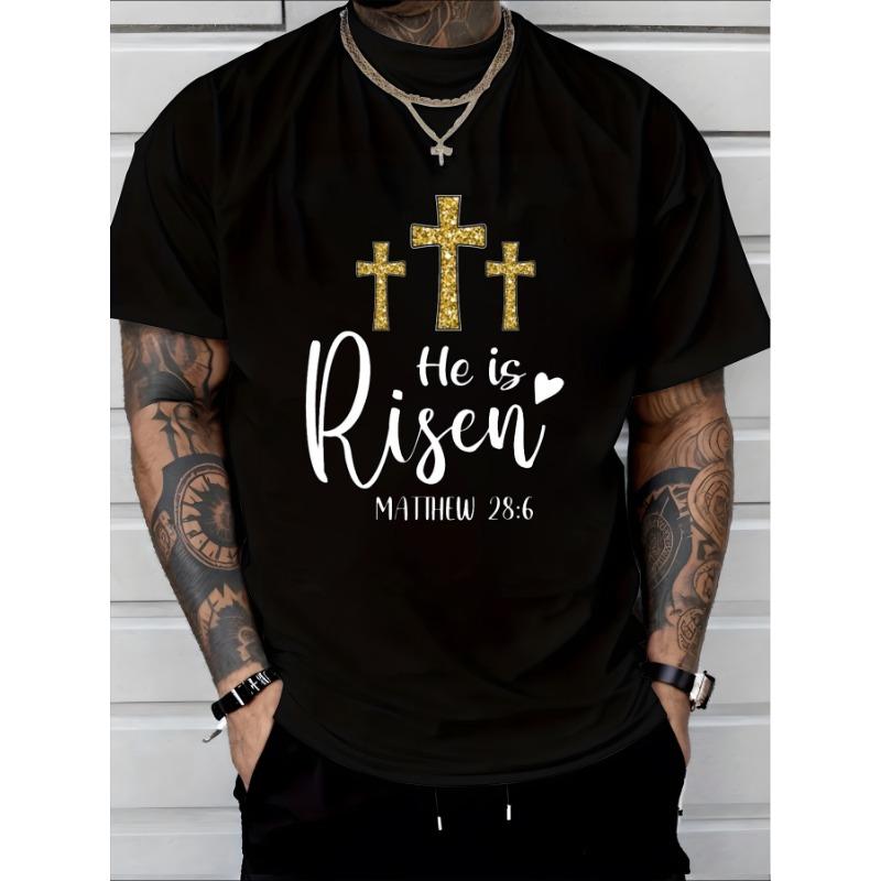 

European sizes He is Risen Black T Shirt with Golden Cross Designs and Heart Detail Matthew 28 6 Inspirational Religious Graphic Tee for Believers S чёрный