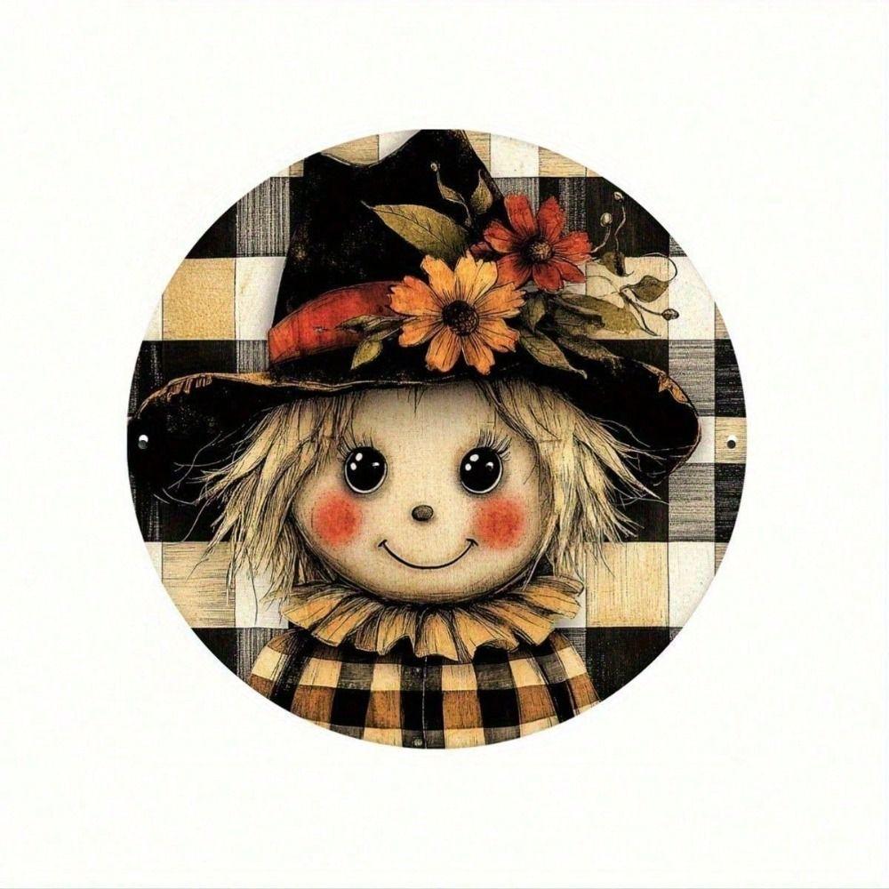 

Vintage Metal Poster Scarecrow with Hat and Flowers Wall Art Decor for Home Cafe Bar