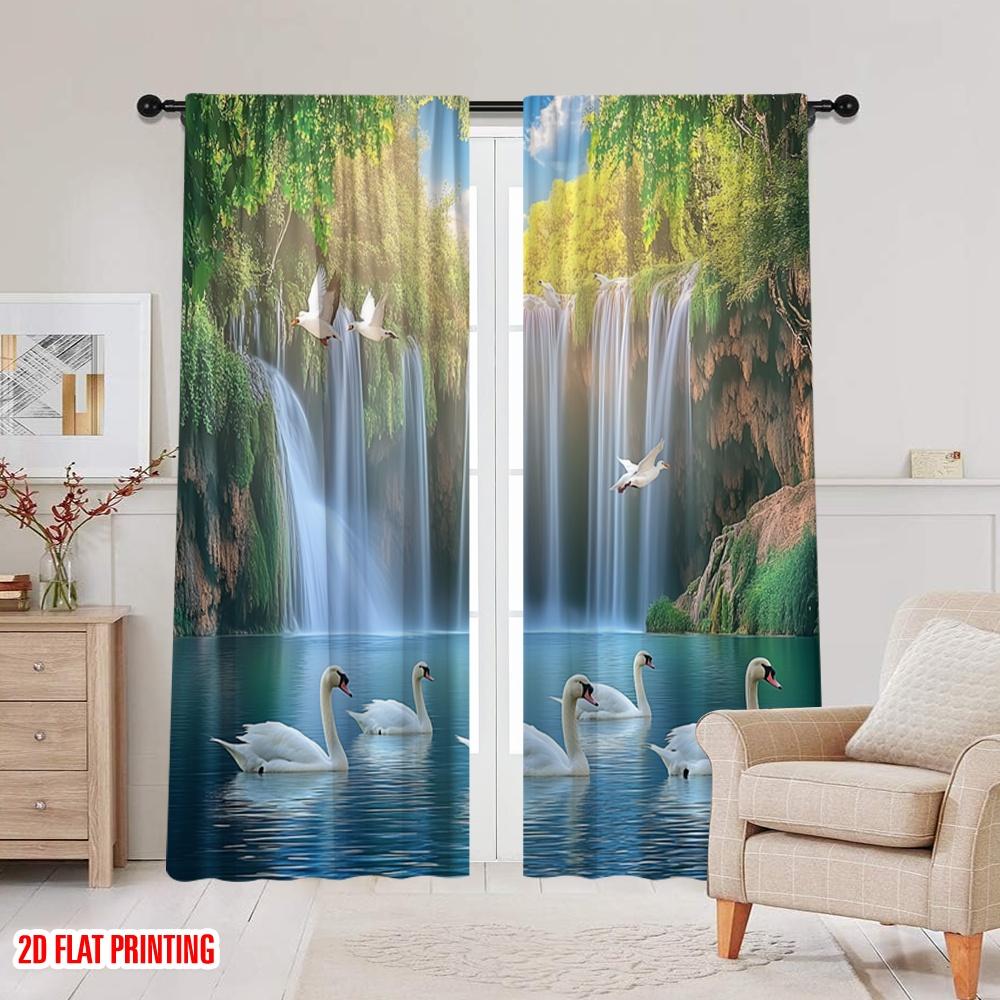 2Pcs 2D Flat PrintingBlackout Curtains Autumn Nature Scenery Theme Fall Forest Tree River Landscape Privacy Drapes Decor For