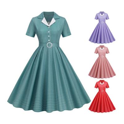 Women Evening Dress Retro Half Single-breasted A-line Big Swing Short Sleeve Turn-down