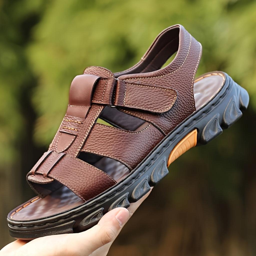 Men's Classic Casual Sandals, Head Layer Cowhide Leather Comfortable and Durable, Beach Vacation Shoes, Non-slip Soft Bottom Outdoor Hollow Sandals