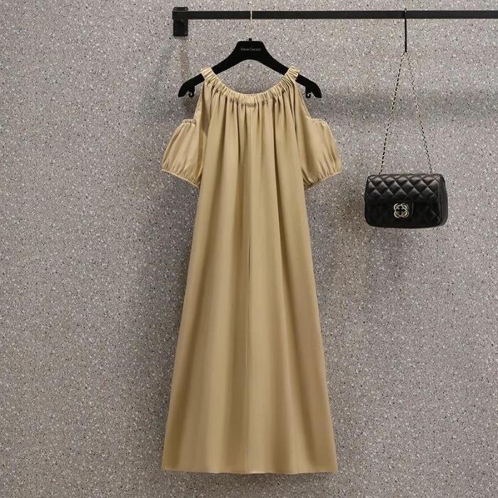 Korean version loose off-the-shoulder temperament dress summer large size women's clothing fat MM belly covering French sweet medium and long skirt