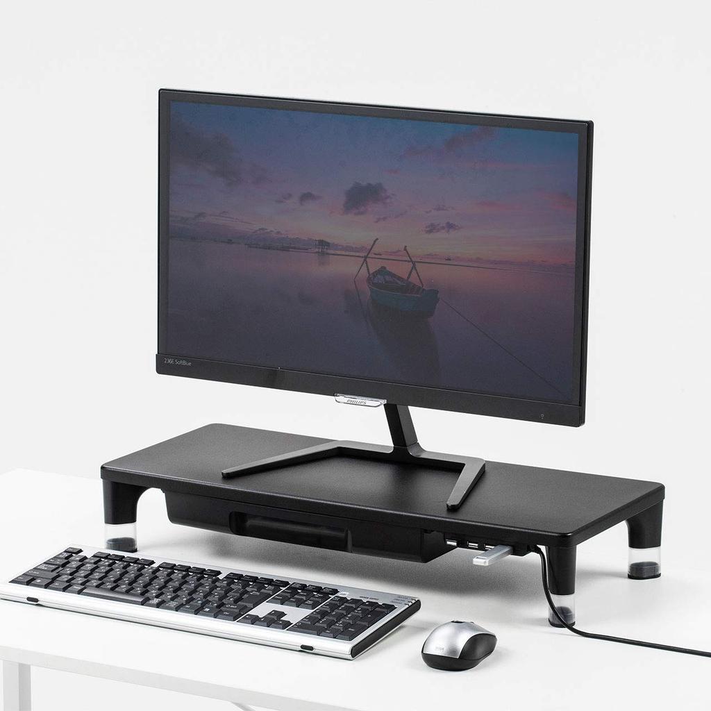SANWA SUPPLY Desk Rack X with 4 USB Hubs and Height Black (W590 D240mm) Drawer, 2-Stage Adjustment, MR-LC805BK