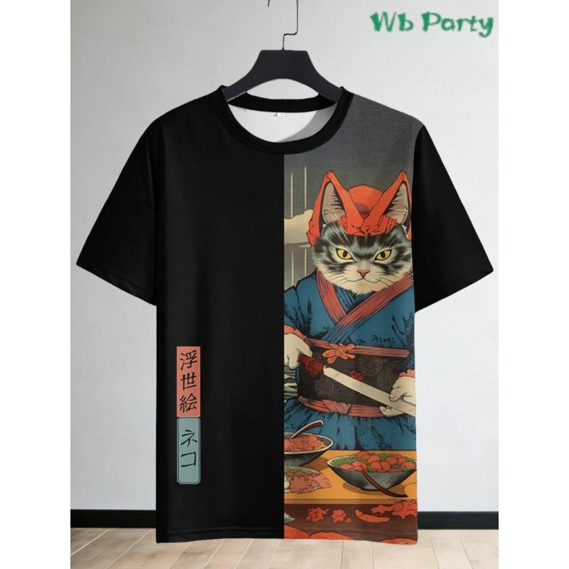 Japanese Samurai Cat 3D Printed T-Shirts for Men Short Sleeve Tee Casual Loose Harajuku Men's Clothing Oversized T-Shirt Tops