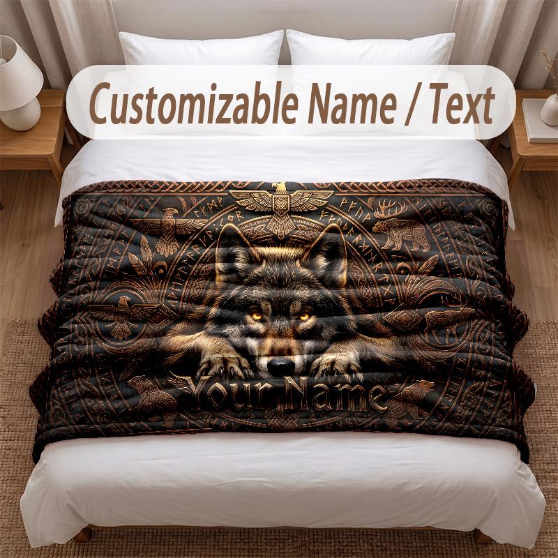 Wolf Theme Soft Blanket Personalized Custom Name Text Print Warm Blanket Home Sofa Bedroom Decor