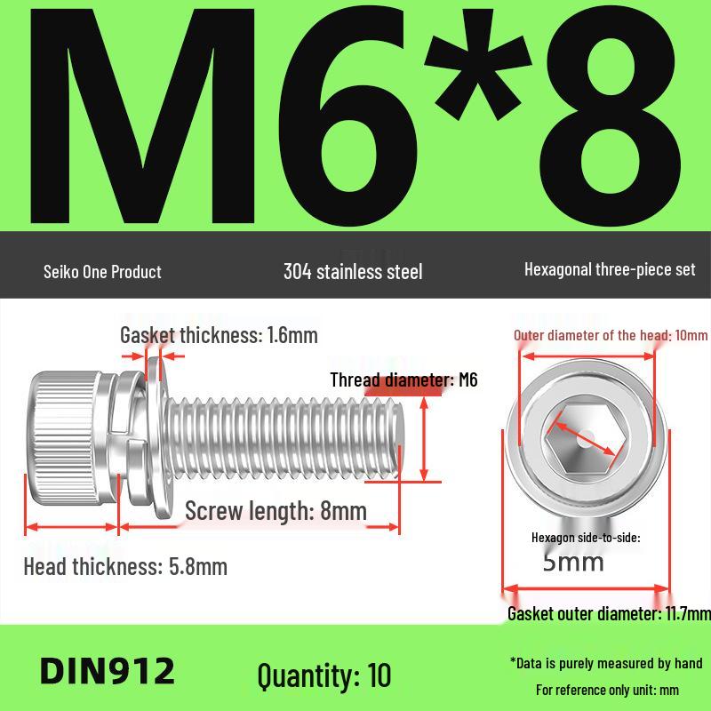 304 Stainless Steel Hex Socket Cap Screw with Washer - Sizes M3, M4, M5, M6, M8, M12