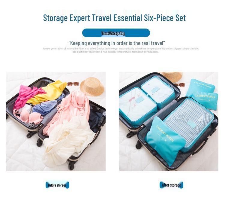 Conjunto de Armazenamento de Viagem de Seis Peças: Bolsas de Quatro Compartimentos para Roupa Íntima, Sacos de Grande Capacidade para Roupas e Sapatos em Mala