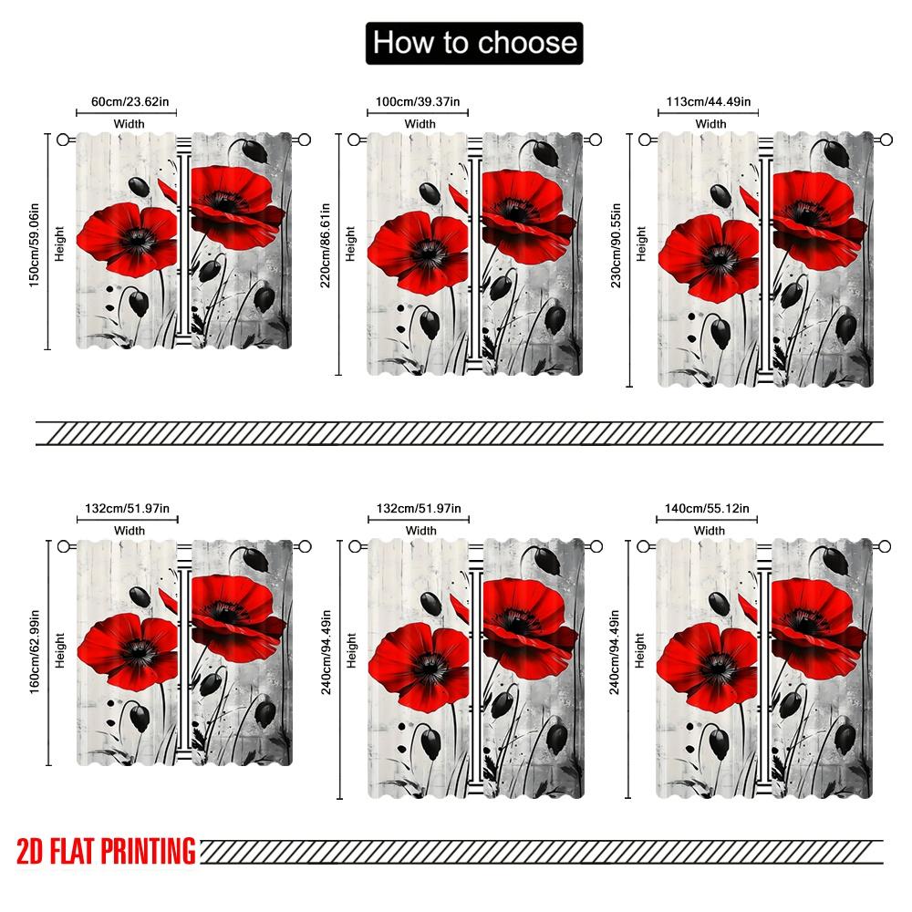 2Pcs,2D Plane Printing Curtain Popular Red Poppy Duo Versatile Fabric (Without Rod) Home Decor Ldeal For Season Home Decor For