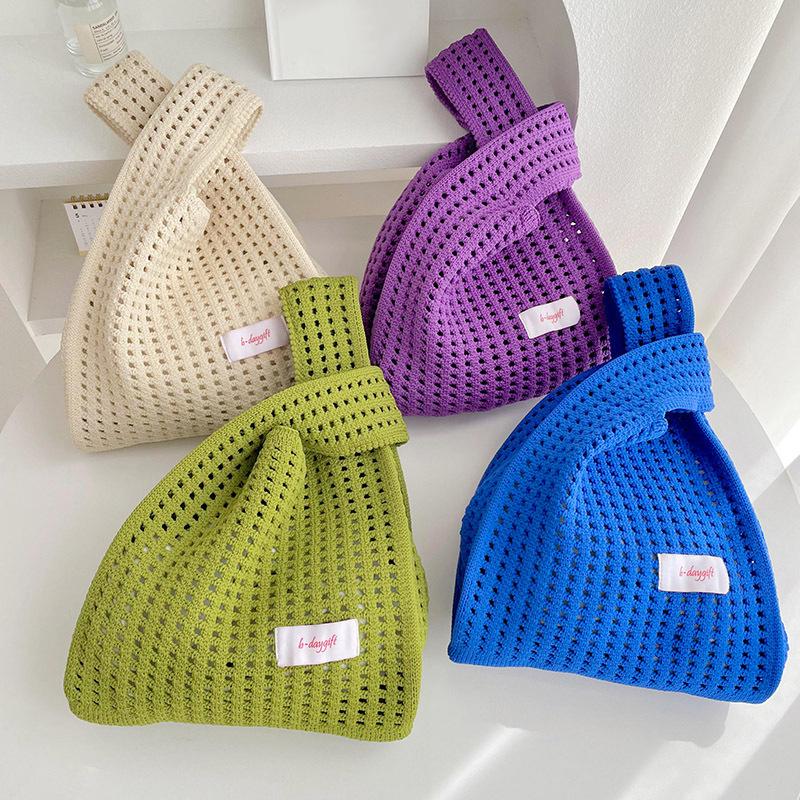 Knitted Wrist Bag Women Casual Shoulder Tote Bag Hollow Out Female Reusable Shopping Bags Girls Woven Small Handbag AVE