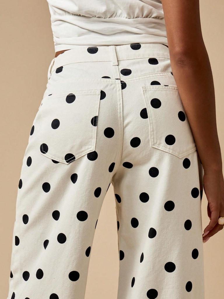 European Style Polka Dot Casual Mid-Waist Non-Stretch Long Denim Pants for Women