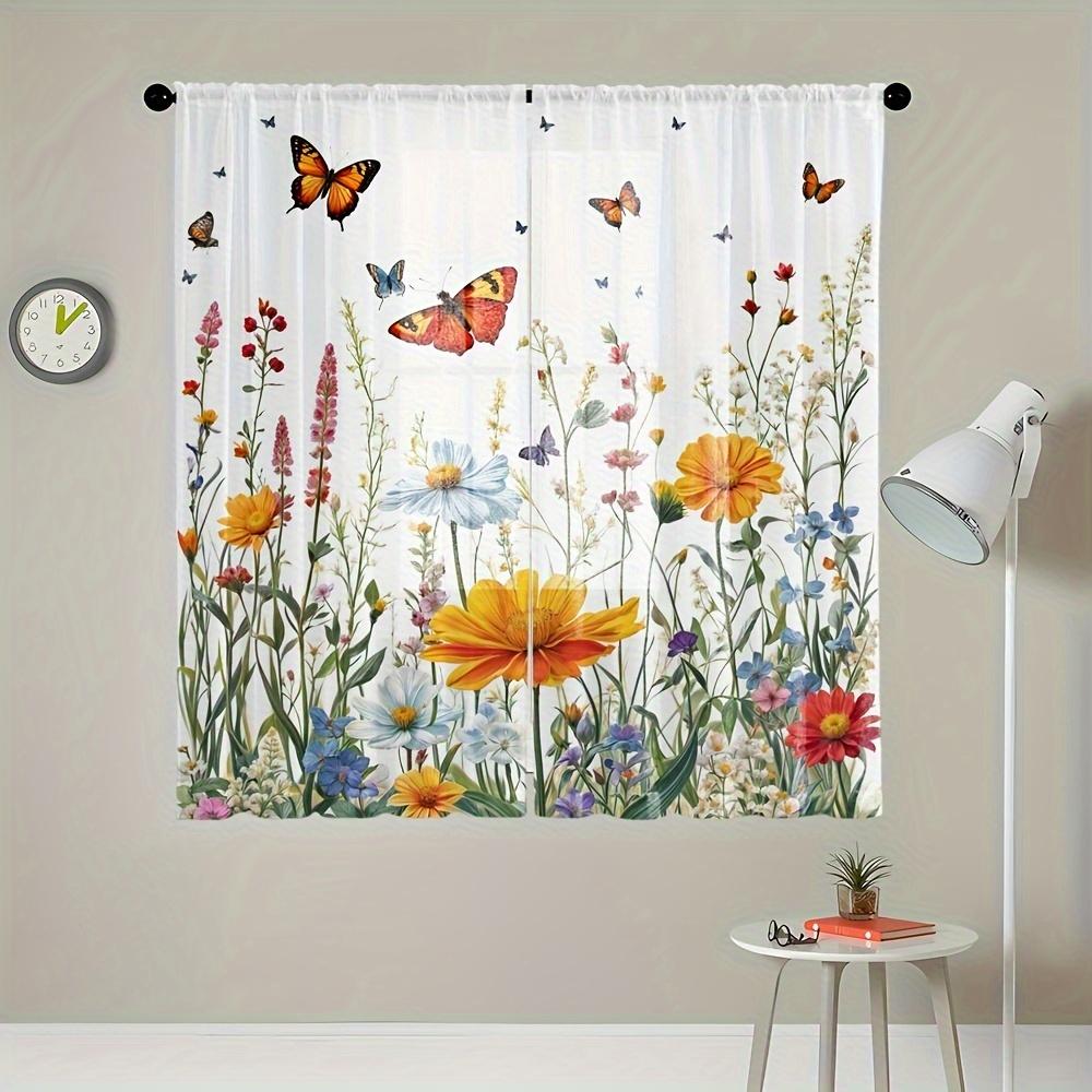 2 Stück Blumige Schmetterling-Gardinen Gelbe Blüten Stangentasche Leichte Polyester für Wohnzimmer Schlafzimmer Sichtschutzvorhang