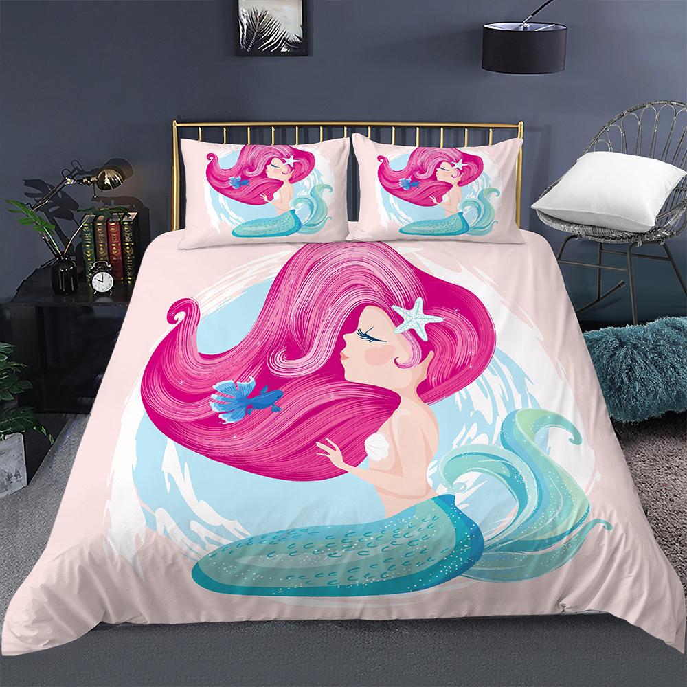Bedding Set Girls Mermaid Duvet Cover Set With Pillowcase Cartoon Edredones Niños Girl Princess Quilt Cover Full Size Bedspread