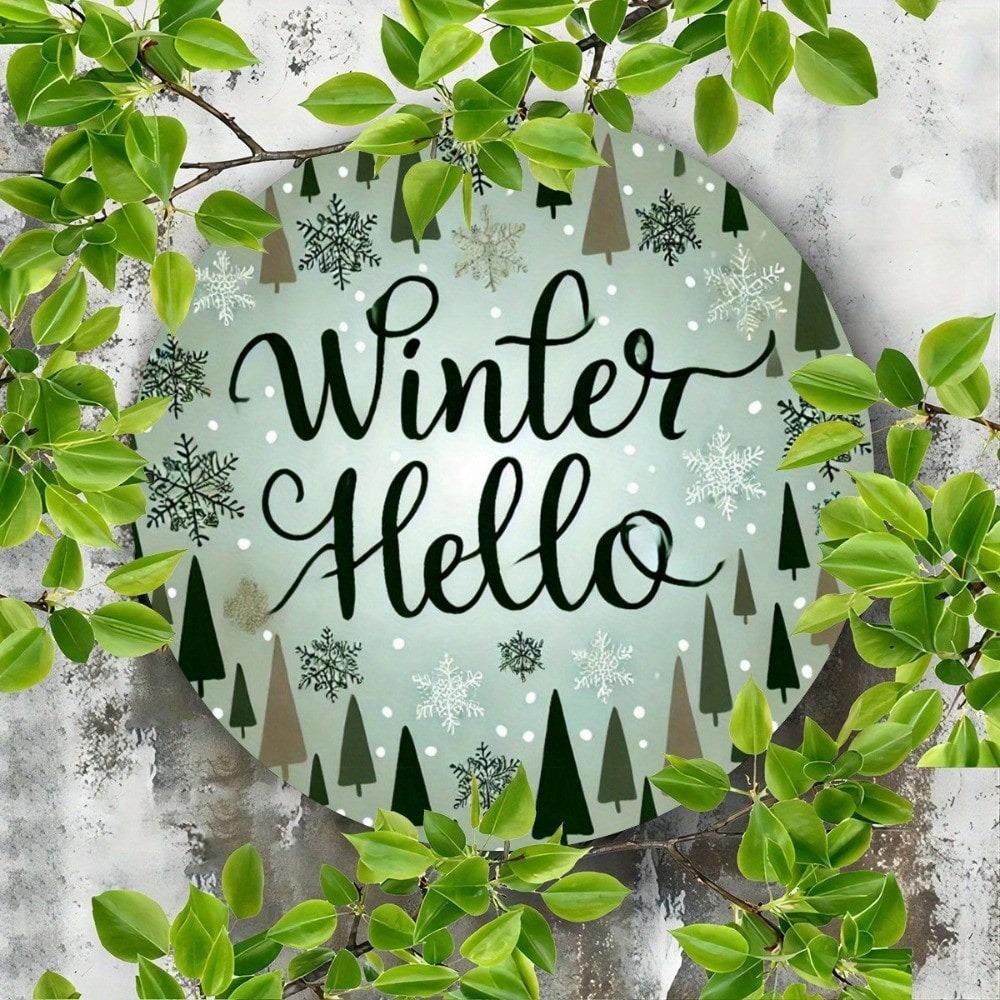 Winter Round Iron Wall Art Hello Sign 7.8 Inch Metal Plaque Decorative For Front Door Porch Living Room Bedroom Home Decor Gift