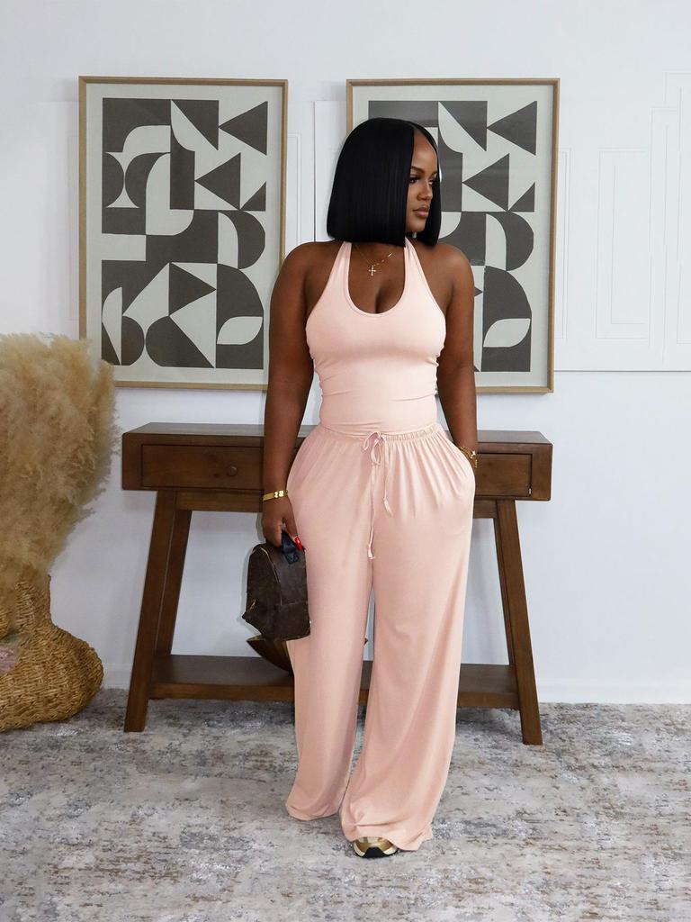Women's Summer Solid Color Halter Top with High-Waisted Pocket Wide-Leg Pants